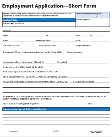 free basic employment application short form