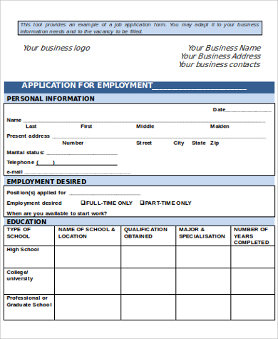 employment application form