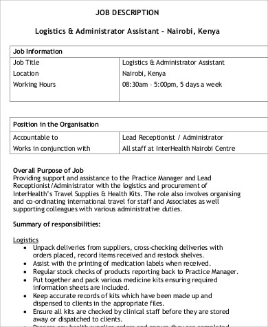 logistics and administrator assistant job description