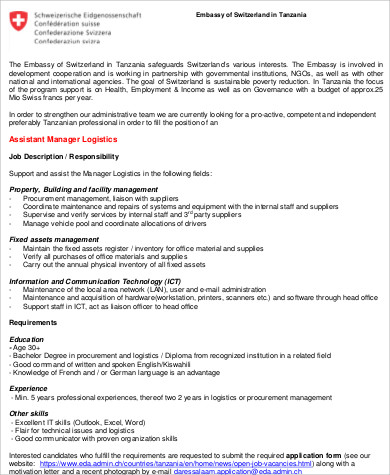 logistics manager assistant job description