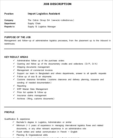 sample import logistics assistant job description