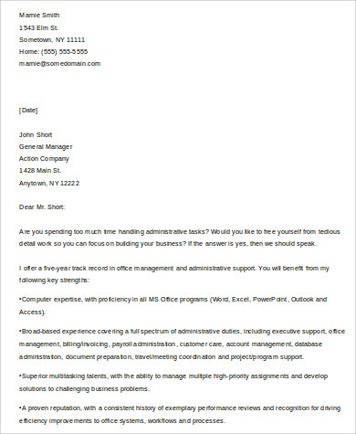 admin cover letter template