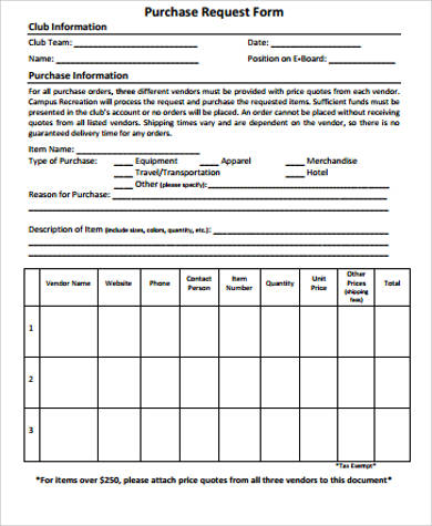 blank purchase request form sample