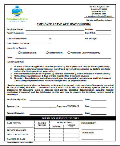 leave application sample for employee form