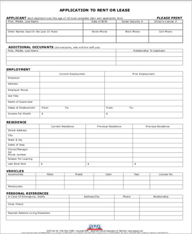 sample apartment lease application form
