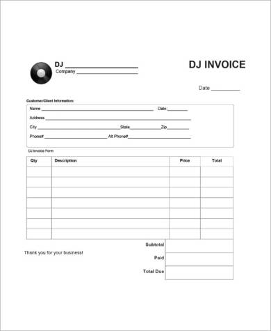 dj invoice template excel