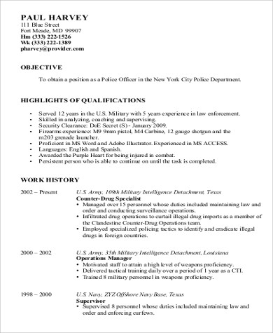 8+ Sample Police Resumes  Sample Templates