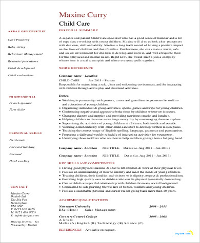 FREE 8+ Sample Daycare Resume Templates in MS Word | PDF