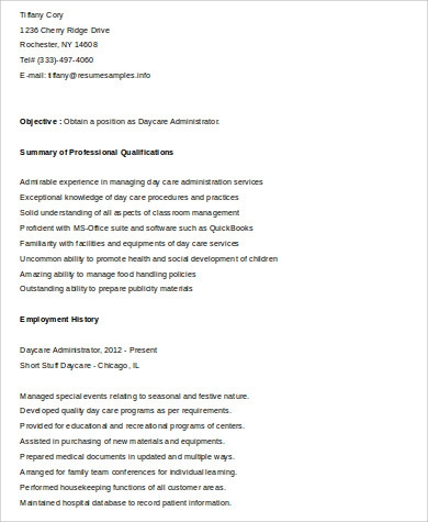 sample daycare administrator resume