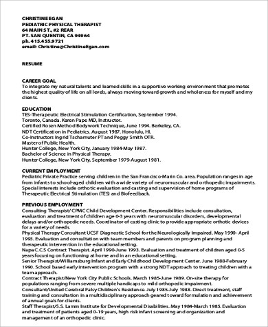 pediatric physical therapist resume pdf