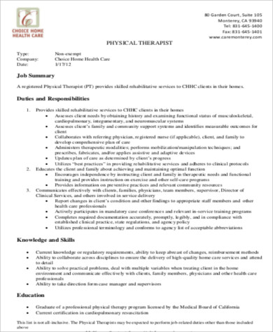 physical therapist job description resume