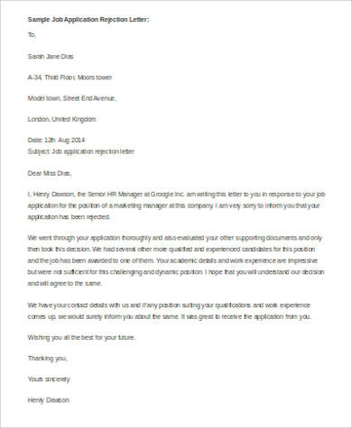 job application rejection letter