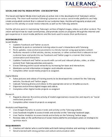 social media marketing intern job description