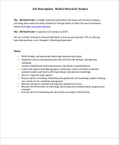 FREE 9+ Marketing Analyst Job Description Samples in MS Word | PDF