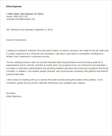 sample personal care assistant cover letter