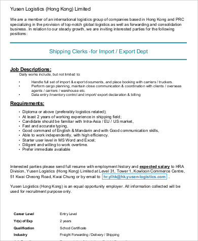 7+ Logistics Clerk Job Description Samples  Sample Templates