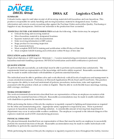 logistics clerk job description duties