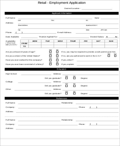 printable retail job application form