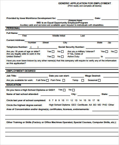 generic application for employment form sample pdf