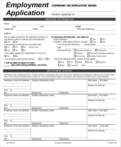 free sample employment application form