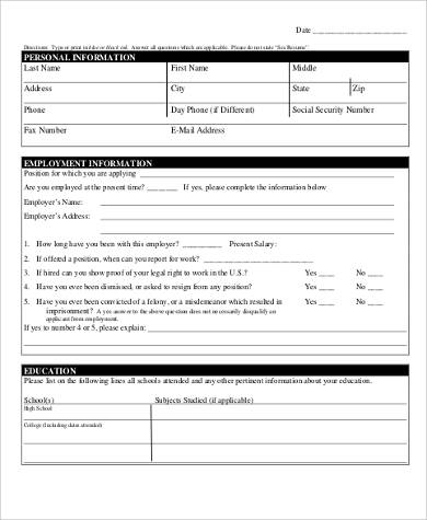 blank employment application example