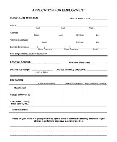 sample employment job application form