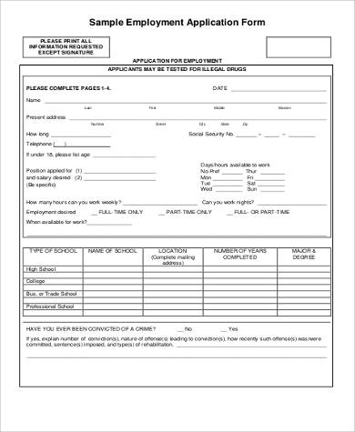 examples of sample employment application form