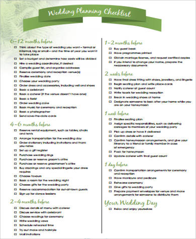 example of wedding planning checklist pdf