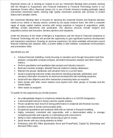 sample investment banker analyst job description