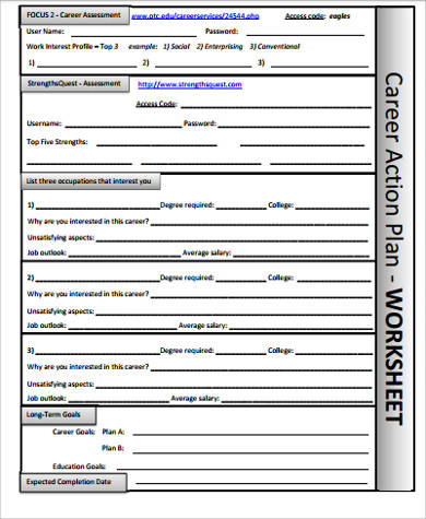 simple career action plan worksheet