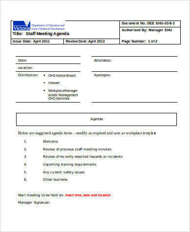 staff meeting agenda format sample