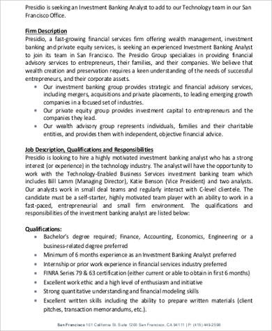 sample investment banker job description