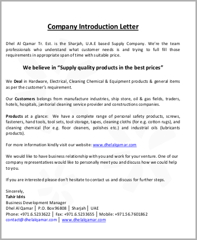 sample business introductory letter 