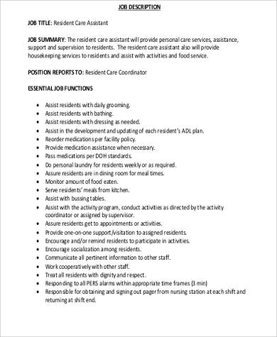 sample resident care assistant job description