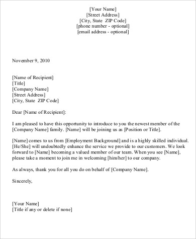 employee introductory letter