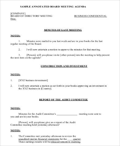 board of directors agenda format