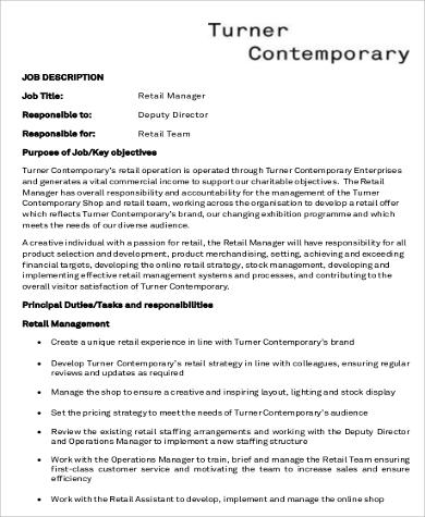 sample retail store manager job description