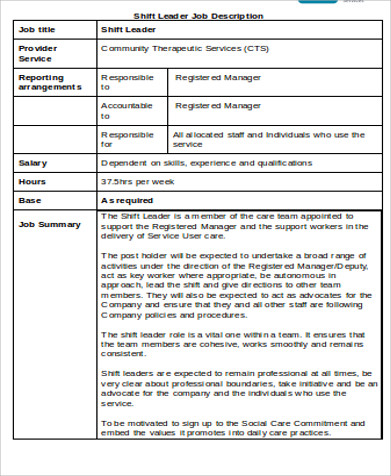 sample shift leader job description format