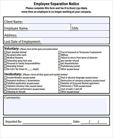 employee separation notice form