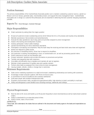 retail associate cashier job description format