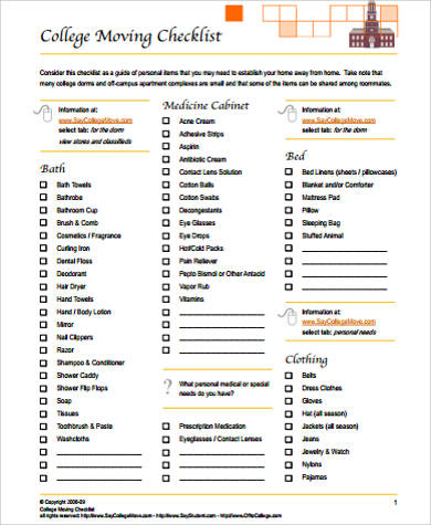 printable college moving checklist