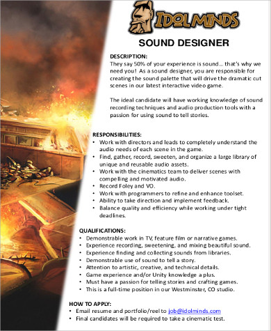 video game sound designer job description format