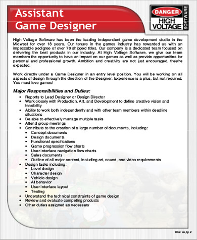 assistant video game designer job description