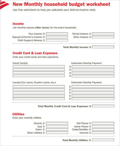 monthly household budget worksheet