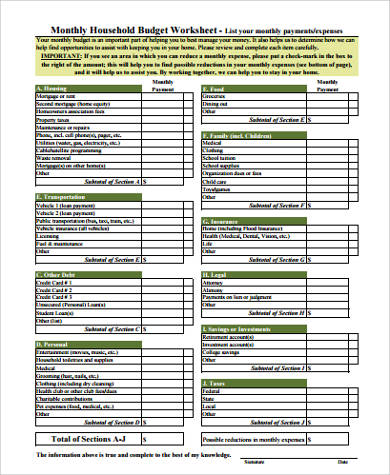 sample household budget worksheet