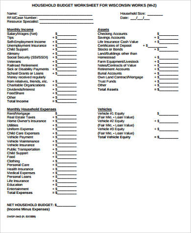 free household budget worksheet pdf