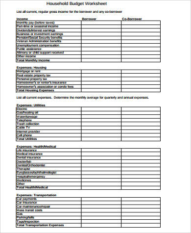 example of household budget worksheet