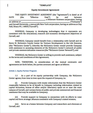 sample equity investment agreement