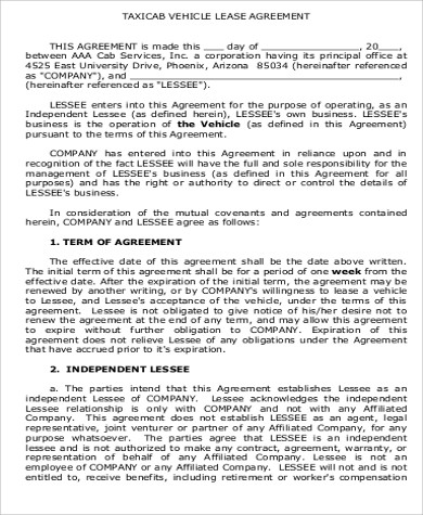 cab vehicle lease agreement pdf