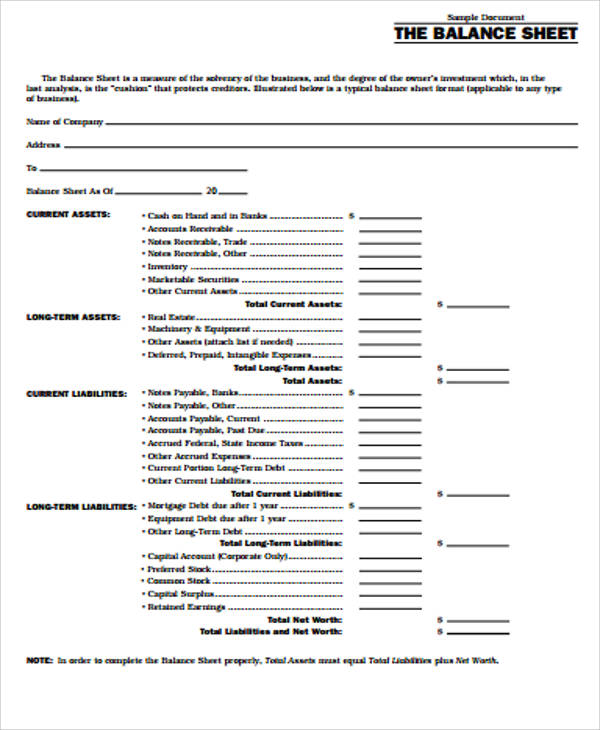 Balance Sheet Worksheet